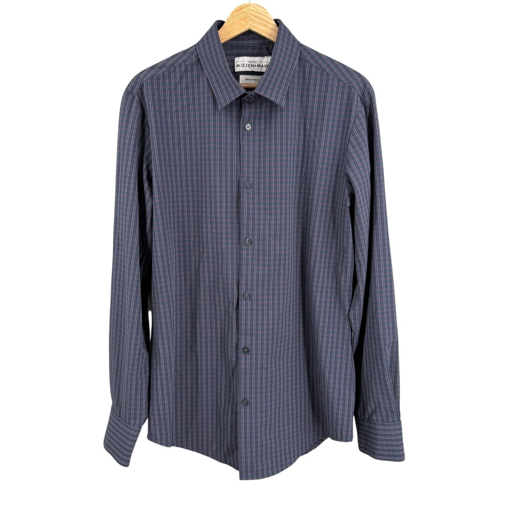 Mizzen+Main Leeward Trim Fit Shirt Mens Medium Blue Red Check Stretch‎ Dress